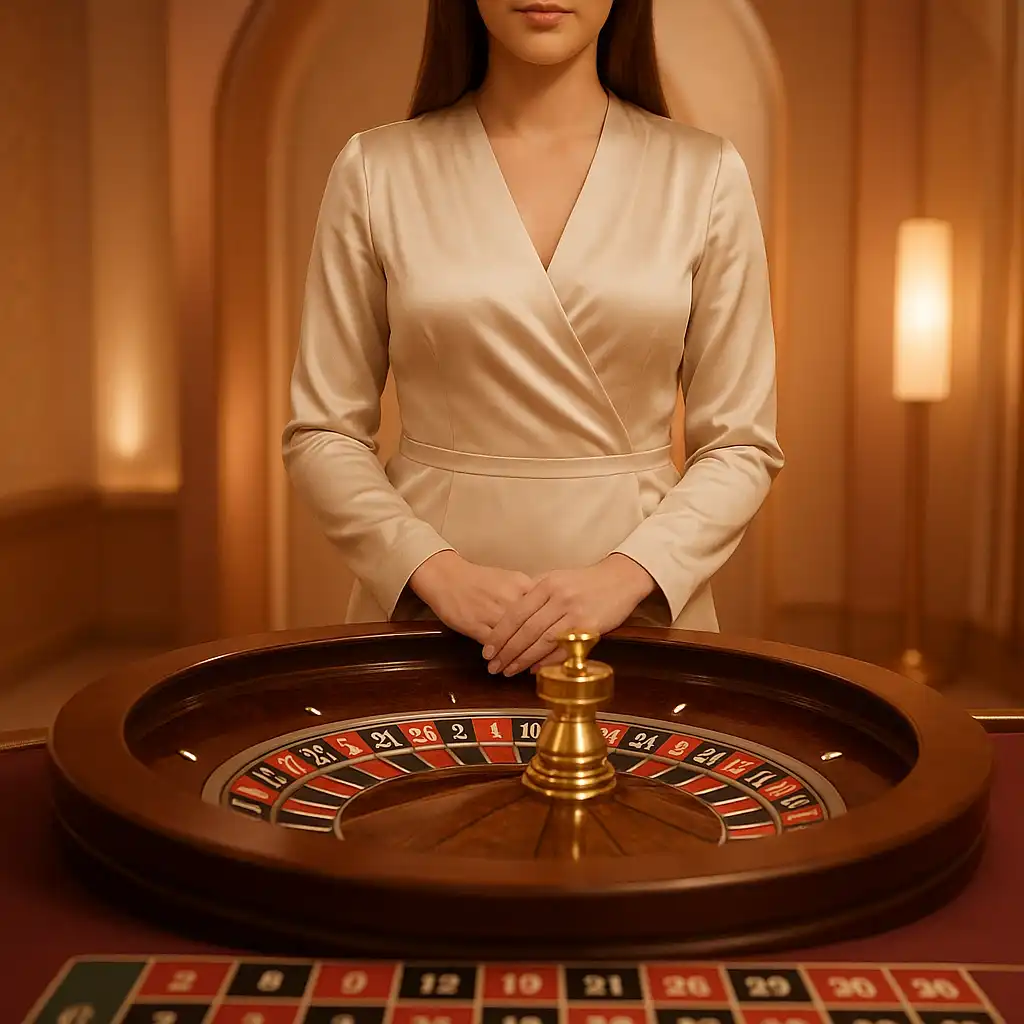 Live casino dealer at a roulette table