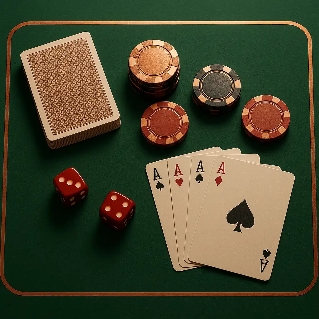 Table games including cards and dice on green felt